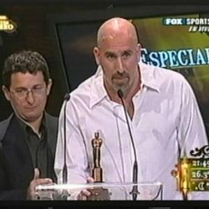 Receiving the Martin Fierro Award as Best Argentinean Production for Foreign Countries Rodrigo Vila with Producer Pablo Mascareo
