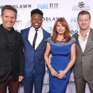Still of Mark Burnett Caleb Castille Roma Downey and Nic Bishop at the WOODLAWN premiere at the Bruin Theatre Westwood CA Monday October 5th 2015