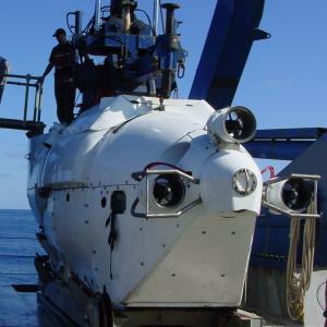 Dr Perry leaving deep submersible Alvin after 9 hour dive to 12000 feet Pacific Ocean