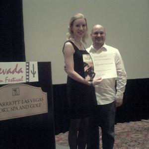 Jessica Bair with her Silver Screen Award at the Nevada Film Festival.