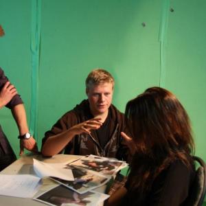 JD working with actors on greenscreen  Left to right Artem Valchkov  Sara Ugljesic  for short film