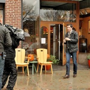 Production Still of Drew Scott on the set of Pumpkin Wars