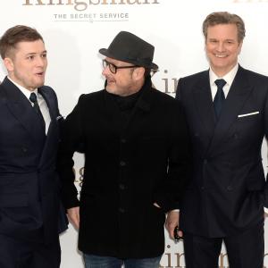 Colin Firth Matthew Vaughn and Taron Egerton at event of Kingsman Slaptoji tarnyba 2014