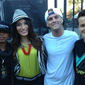 Host Mark Sipka with Aaron Carter Shane Sparks and cohost Estefania Rebellon after Spark It Up Live