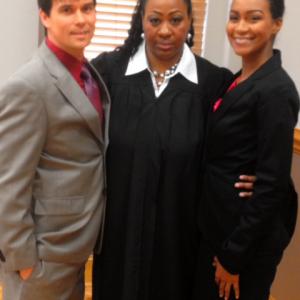 On the set of  Advocate & Solicitor, a hour television drama with myself as Judge Carolyn Stokes and pictured with Dana Perine as Defendant Attorney Alexandra and Ronnie Kantorik as the Prosecuting Attorney.
