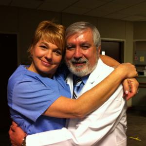 On the set of the Careview Communications commercial where I played a doctor. With me is my friend and fellow actor Louise Robinson.