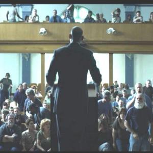 Townhall scene with angry shipbuilders and Congressman Russo from the House of Cards trailer