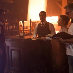 On set for Murdoch Mysteries with director Harvey Crossland Yannick Bisson Georgina Reilly Murdoch In Ragtime