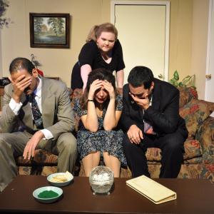 Teddy Alexis Rodriguez, Miranda Stubbles, Sarah Nobles and Randal Ramirez on stage during a performance of The Odd Couple, Female Version at the Lubbock Community Theatre in Lubbock, Texas. 2014.