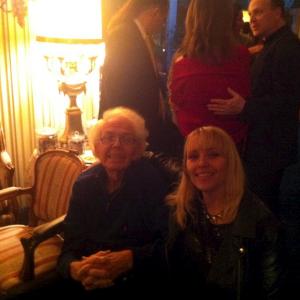 Christine Hals and legendary Stan Freberg at the PreOscar party for the music nominees 2013 Location John Cacavas residence hosted by the Cacavas family and the SCL