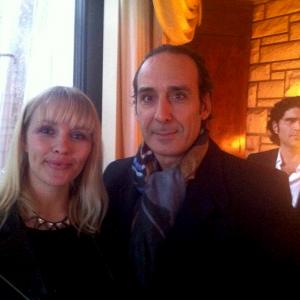 Christine Hals and film composer Alexandre Desplat celebrating his 6th Oscar nomination at the PreOscar party for the music nominees 2013 Location John Cacavas residence hosted by the Cacavas family and the SCL