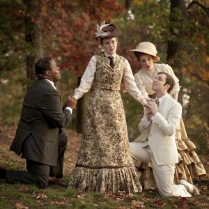 Suddenly spellbound, Demetrius (R. Charles Wilkerson) and Lysander (Sam Reeder) fawn over a skeptical Helena (Juila Addis), to the dismay of a jealous Hermia (Gracie Terzian) in William Shakespeares A Midsummer Nights Dream
