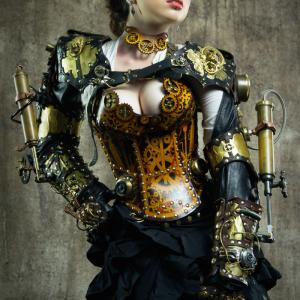 Mechanical arms and leather corset bra and choker by Thomas Willeford Model Sarah Hunter