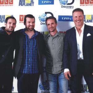 World famous master magician and illusionist Dynamo far left known as magician impossible Film and Animation Director Patrick Garcia mid left animal behaviorist Kevin Richardson mid right and Navy SEAL and survivalist Joel Lambert far right