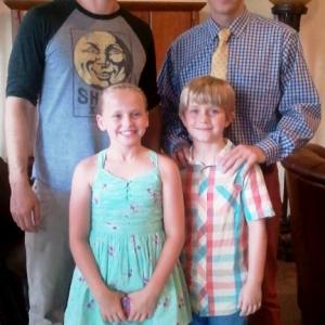 Patrick Wilson, Madison Wolfe and Aiden Flowers with Writer/Director, Anthony Burns, on the set of, 