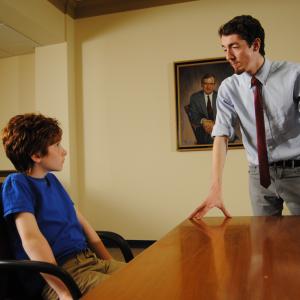 Director Blake Cortright [R] working with actor Bailey Harkins [L] on the set of The Son.