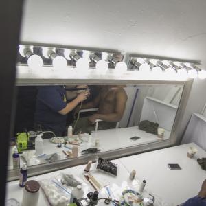 Still shot of Richard in the make-up chair LIVE on the film set of 