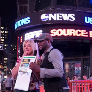 Behind the scene pic of Richard LIVE in Time Square with Host kari Adams to announce the success of his 2nd Kickstarter campaign for $8,510!