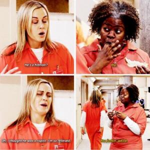 Meme of Darlene Dues and Taylor Schilling in Orange is the New Black: Thirsty Bird