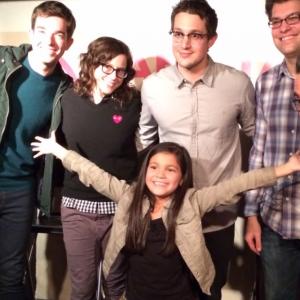 Bella Stine (featured guest) performing with John Mulaney, Karey Dornetto, Dan Levy, Dan Mintz and Jensen Karp on Dan Levy's Baby Talk live comedy show in Hollywood.