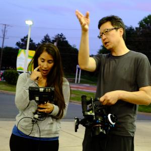 On set of The Drive. Felicia Gonzalez Brown; Director and K. Quin Paek; Director of Photography.