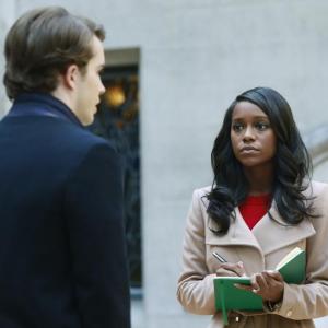 Caleb Mixson and Aja Naomi King on set of How To Get Away with Murder episode 