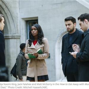 Caleb Mixson Aja Naomi King Jack Falahee and Matt McGorry in On set of How To Get Away with Murder episode The Night Lila Died