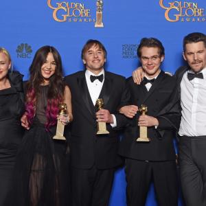 Patricia Arquette, Ethan Hawke, Richard Linklater, Lorelei Linklater and Ellar Coltrane at event of 72nd Golden Globe Awards (2015)