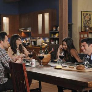 Still of Linda Cardellini, Zooey Deschanel, Max Greenfield and Jake Johnson in New Girl (2011)