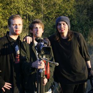 Filmmakers Zach Klinefelter Chris Hazenberg and Benjamin Barton on the set of Blanchard Hill