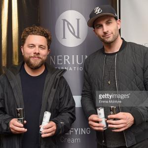 Actor Drew Nelson (R) and Joe Lasko attend the 6th annual Premiere Celebrity Gift & Style Lounge with Nerium International gifting their Optimera Formula products to TIFF's brightest stars at Delta on September 12, 2015 in Toronto, Canada.