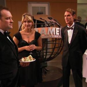 Still of David Hewlett Bill Nye Jewel Staite and Neil deGrasse Tyson in Stargate Atlantis 2004