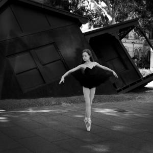 Lily Pearl up on pointe for the prize winning photograph at The Art Gallery of South Australia's Dark Heart Exhibition