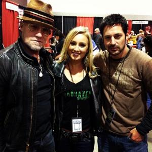 Julie Dawson hosting at Rock and Shock with Michael Rooker from The Walking Dead and producer David Gere