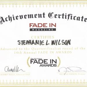 Certificate of Achievement placing quarter finalist in Fade In Awards for the screenplay version of A Wound In Time