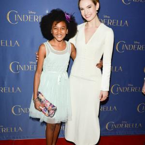 Shailyn Pierre-Dixon and Lily James (Cinderella) at the Toronto Red Carpet Premiere of Disney's 'Cinderella'