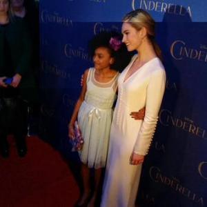 Shailyn PierreDixon and Lily James at the Toronto Red Carpet Premiere of Cinderella