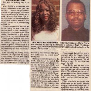 An article about Maria Frisby doing a project to help the families of victims killed on 9/11.