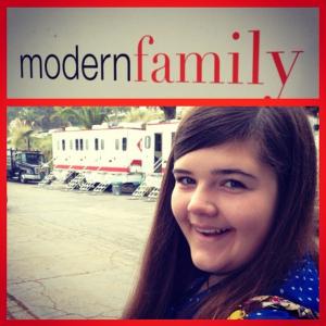 Jillian Russell on set in wardrobe at Palisades Charter High School for Modern Family Season 5 Episode 16  SpringADingFling