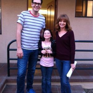 Eve Moon with Nelson Franklin and Jayma Mayes on the set of 