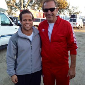 Jesse Lorenzo and Kevin Costner on the set of McFarland USA