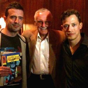 Peter Deak producer Kristian Koves director with Stan Lee at the premiere screening of our film The Chronicler Catalina Film Festival