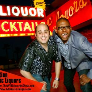 Will Edwards and Jon Paul Raniola in front of Atomic Liquors on location for The Will Edwards Show
