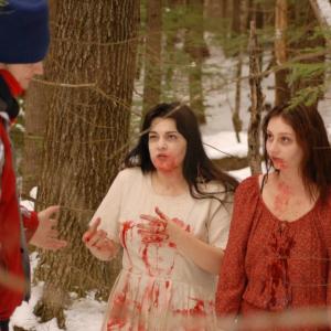 Director Andrew Migliori with Kendra White and Lizzie Stanton filming The Donner Party on location in New Hampshire