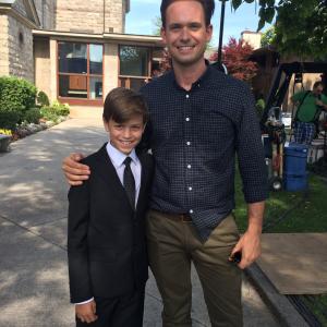 Jacob Buster Young Mike on the set of SUITS with Patrick Adams Mike
