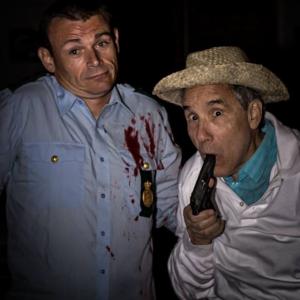 Lloyd Kaufman and Kim Snderholm goofing off at set of Escaping the Dead in Copenhagen fall 2014