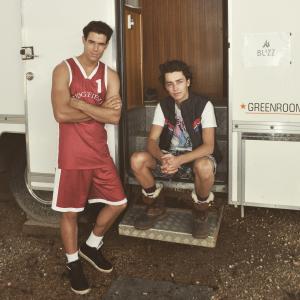 Liam Hall and Charles Grounds on set for NBC's TV series Camp