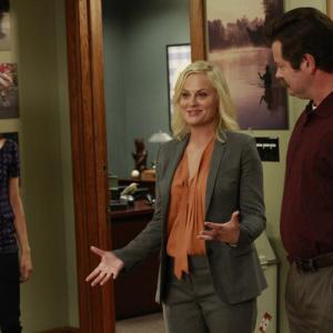 Still of Nick Offerman Amy Poehler and Aubrey Plaza in Parks and Recreation 2009