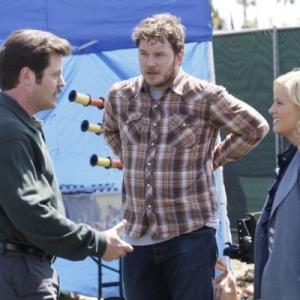Still of Nick Offerman Amy Poehler and Chris Pratt in Parks and Recreation 2009