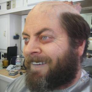 Nick Offerman in the makeup chair on the set of the film 